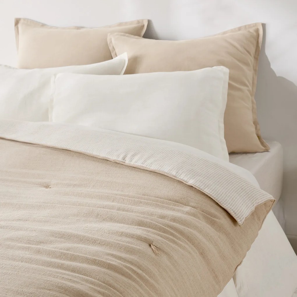 Gewatteerd effen/gestreept dekbed van katoen/linnenmix, BOISSEAU