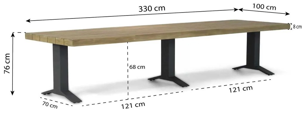 Dining Tuintafel rechthoekig 330 x 100 cm Aluminium/teak Old teak greywash Santika Superior