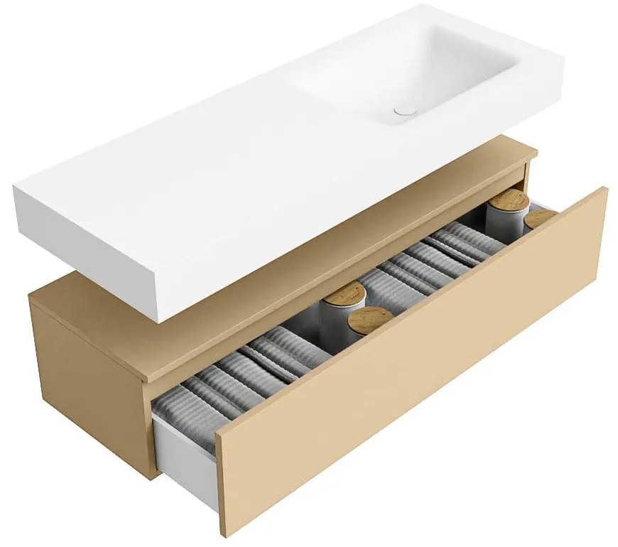 Zaro Alan badmeubel 130cm sand met 1 lade en vrijhangende wastafel rechts met kraangat wit mat