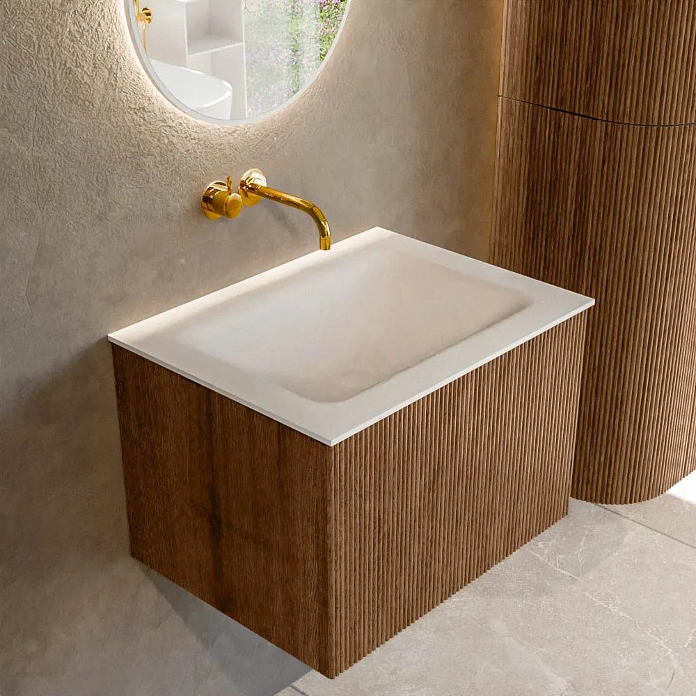 Mondiaz Kurve 60cm badmeubel walnut met 1 lade en wastafel cloud midden zonder kraangat