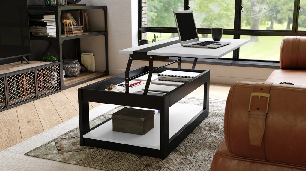LUSSO Wit Mat/Zwart Mat - MODERNE SALONTAFEL MET VERHOOGD BLAD + OPBERGRUIMTE + SCHAP (OP WIELEN!)