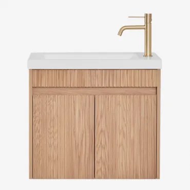 Narek Zwevend Houten Badkamermeubelset Met Geïntegreerde Wastafel Spiegelloze & Ash Brown & Geborsteld Goud ↑20 Cm Met Aftapkraan Zonder Overloop Orve