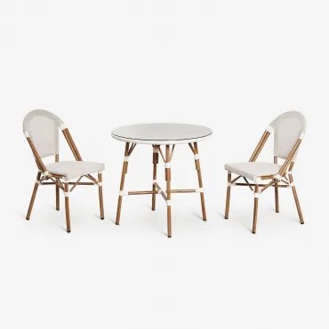 Ronde Tafelset Ø80 Cm En 2 Stapelbare Stoelen In Textileen En Aluminium Brielle Bistro Gardenia Wit - Sklum