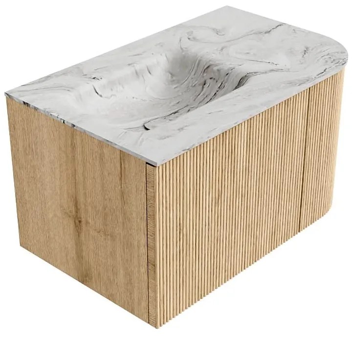 Mondiaz Kurve-dlux 75cm badmeubel ronding rechts oak met 1 lade en deur en wastafel grunne kraangat links glace