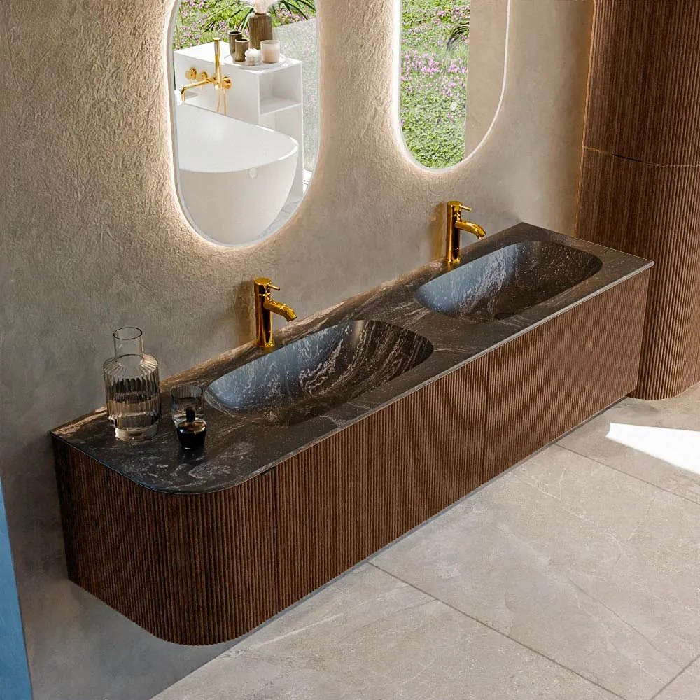 Mondiaz Kurve-dlux 175cm badmeubel ronding links walnut met 2 lades en 1 deur en wastafel stor small dubbel/rechts 2 kraangaten lava