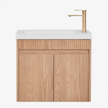 Narek Zwevend Houten Badkamermeubelset Met Geïntegreerde Wastafel Ash Brown & Spiegelloze & Goud ↑20 Cm Met Aftapkraan Zonder - Sklum