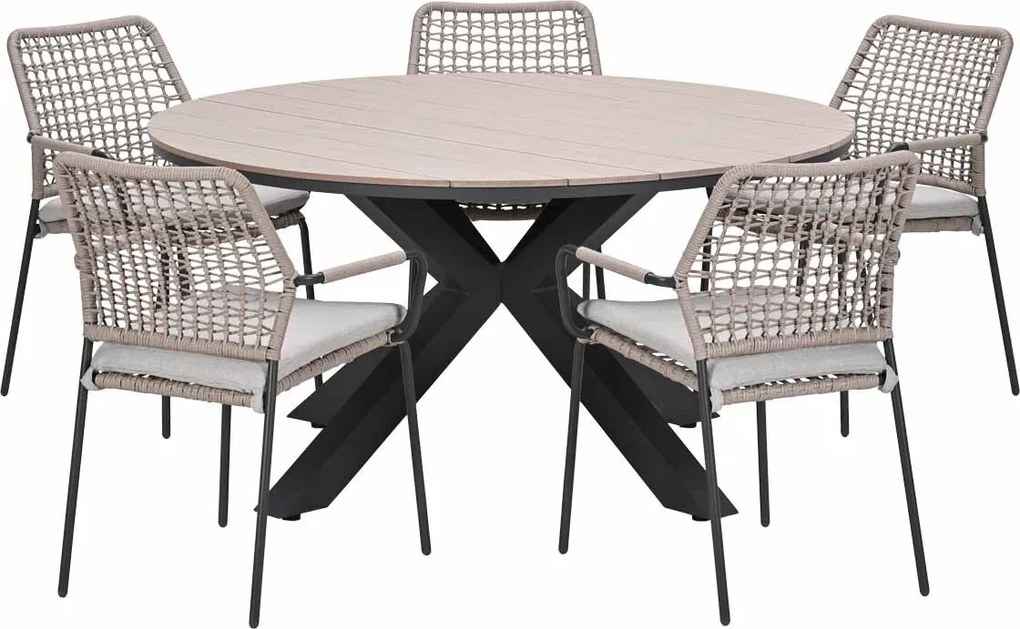 Garden Impressions Natas tuinset sand 6-delig - Tulli tuintafel light teak look Ø148 cm