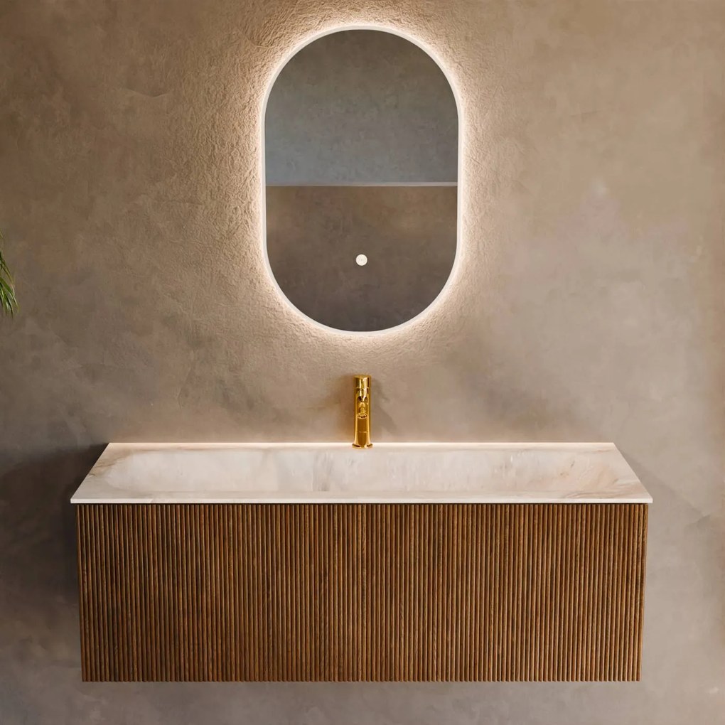 Mondiaz Kurve-dlux 120cm badmeubel dusk met 1 lade en wastafel big large midden 1 kraangat frappe