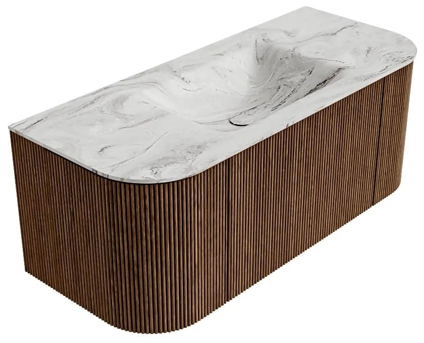 Mondiaz Kurve-dlux 110cm badmeubel ronding links/rechts walnut met 1 lade en 2 deuren en wastafel cloud midden zonder kraangat glace