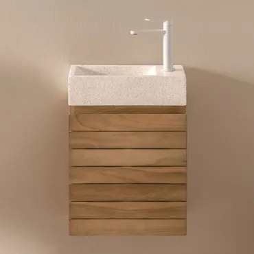 Conjunto Vaniteitmeubel Zwevend Van Teakhout Met Geïntegreerde Wasbak Van Napier-cement Teakhout & Spiegelloze & Wit ↑20 Cm - Sklum