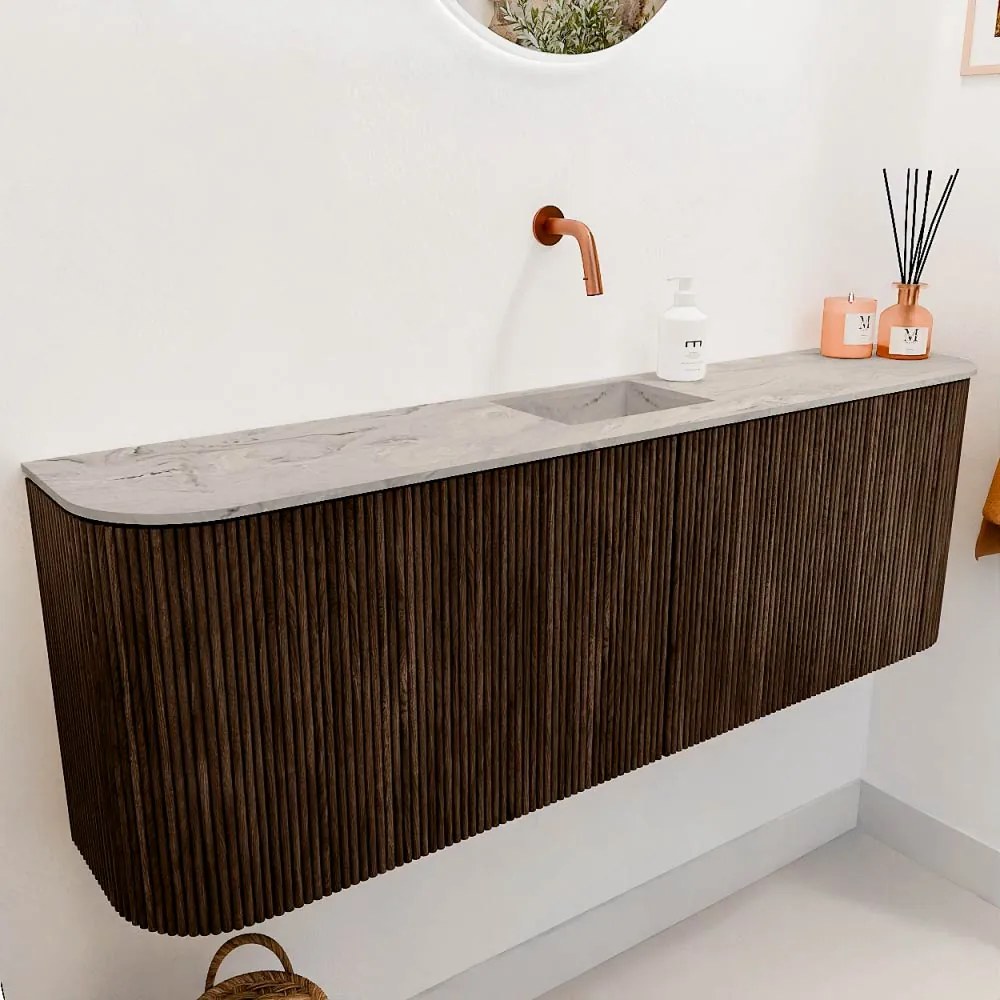 Mondiaz Joya DLux 125cm toiletmeubel ronding links/rechts walnut met wastafel faye midden zonder kraangat glace