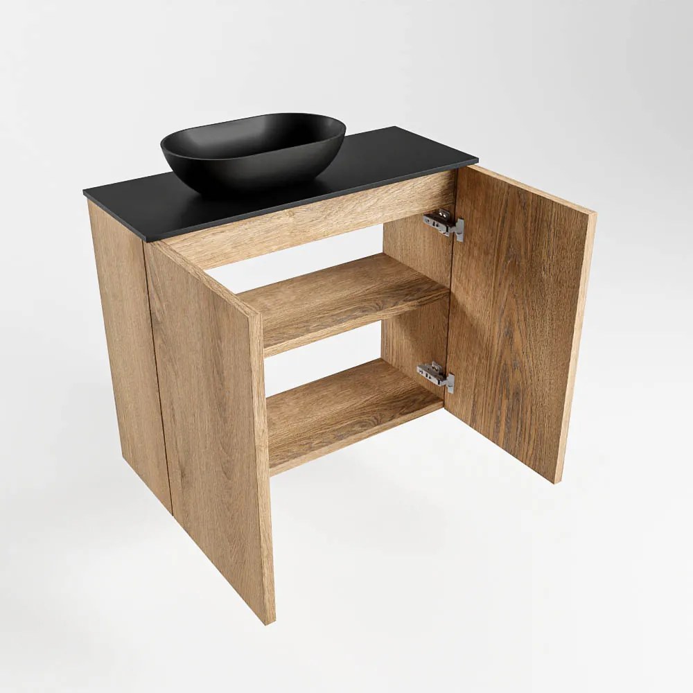 Mondiaz Fowy toiletmeubel 60cm washed oak met zwarte waskom links en kraangat