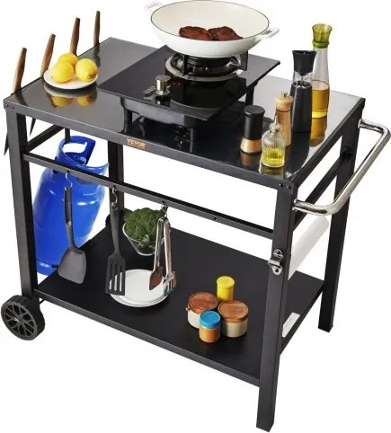 VEVOR Serveerwagen Keukentrolley 100 x 64 x 83,5 cm Buitengrill Eetwagen met Dubbele Plank, Verplaatsbare Grilltafel voor Voedselbereiding, Multifunctioneel Tafelblad van IJzer, Zwart