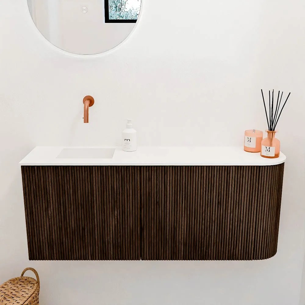 Mondiaz Joya 100cm toiletmeubel ronding rechts walnut met wastafel faye links zonder kraangat talc