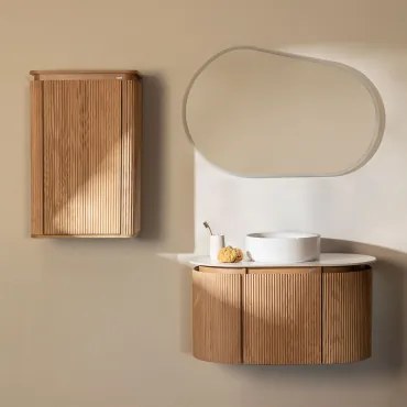 Carsone Houten Badkamermeubelset Natuurlijk Hout & Natuurlijk Hout & Rond Keramiek Wit Ø40 Cm Lenka & Ovaal Led En Anticondens 100x80 Cm Meunier -