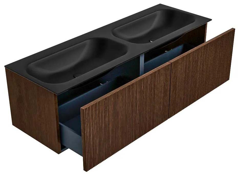 Mondiaz Kurve 140cm badmeubel walnut met 2 lades en wastafel big small dubbel zonder kraangat urban