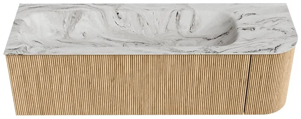 Mondiaz Kurve-dlux 145cm badmeubel ronding rechts oak met 1 lade en deur en wastafel big large links zonder kraangat glace