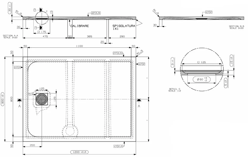 Saniclear Lino douchebak 120x90cm met stone finish lichtgrijs