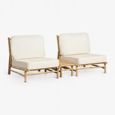Tuinset Met 2 Fauteuils En Rechthoekige Bijzettafel Van Bamboe Isendra Stof Wit - Sklum