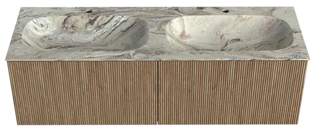 Mondiaz Kurve-dlux 140cm badmeubel dusk met 2 lades en wastafel stor small dubbel 2 kraangaten glace