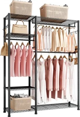 VEVOR Kledingrek (verstelbaar) met 3 kledingstangen en een draagvermogen van 363 kg en 6 planken en 8 haken, open kledingkast voor slaapkamer, kledingwinkel, garderobe, hal