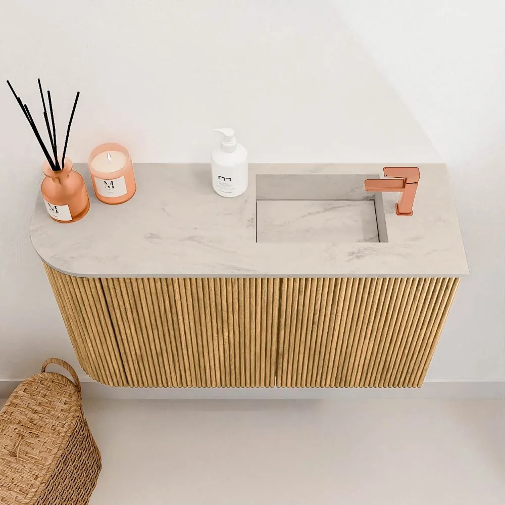 Mondiaz Joya DLux 70cm toiletmeubel ronding links oak met wastafel faye rechts 1 kraangat opalo