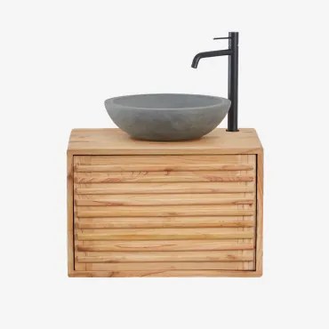 Deleyna Zwevend Houten Badkamermeubelset Natuurlijk Hout & Rond Grijs Cement Ø40 Cm Tarsis & Spiegelloze & Zwart ↑30 Cm - Sklum