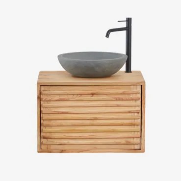 Hangend Badkamermeubelset 60x45 Cm In Hout Deleyna Natuurlijk Hout & Rond Grijs Cement Ø40 Cm Tarsis & Spiegelloze & Mat Zwart ↑30 Cm Met Afvoerkraan