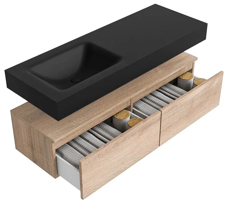 Zaro Alan badmeubel 130cm washed oak 2 lades met vrijhangende wastafel cloud links 1 kraangat urban