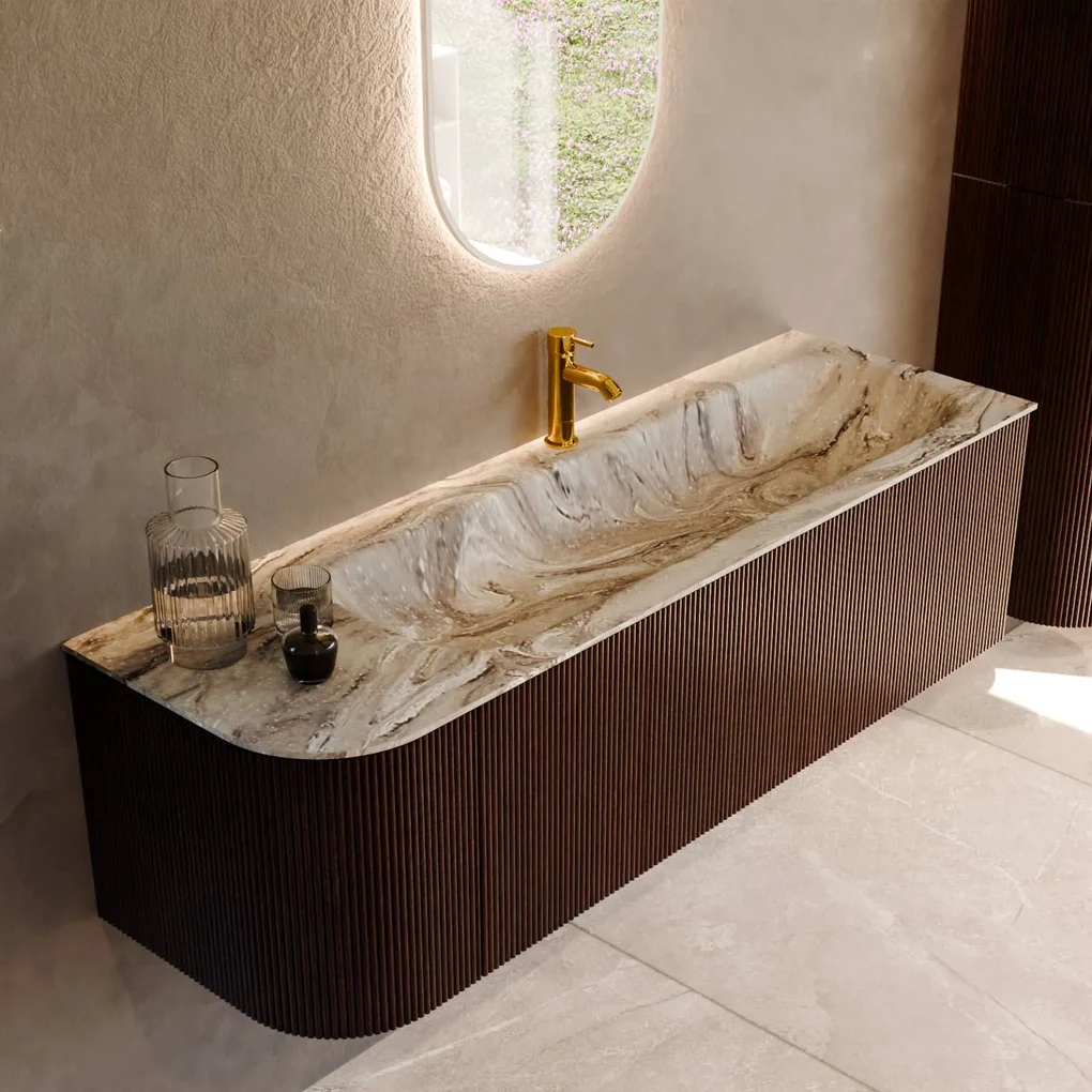 Mondiaz Kurve-dlux 145cm badmeubel ronding links ruby met 1 lade en deur en wastafel big large kraangat rechts glace