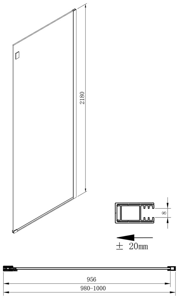 Gelco Volcano douche zijwand 100cm helderglas