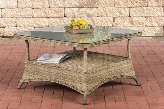 Design outdoor lounge tafel PANDORA hoogte 60 cm 5 mm rotan vlechtwerk ALU frame met opbergruimte glazen tafelblad - natura 100 x 100 cm