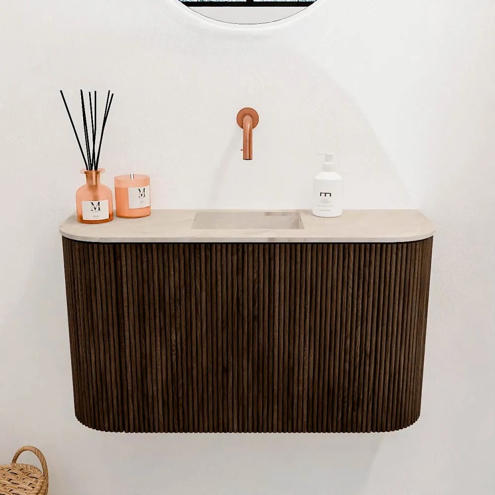 Mondiaz Joya DLux 75cm toiletmeubel ronding links/rechts walnut met wastafel faye midden zonder kraangat frappe