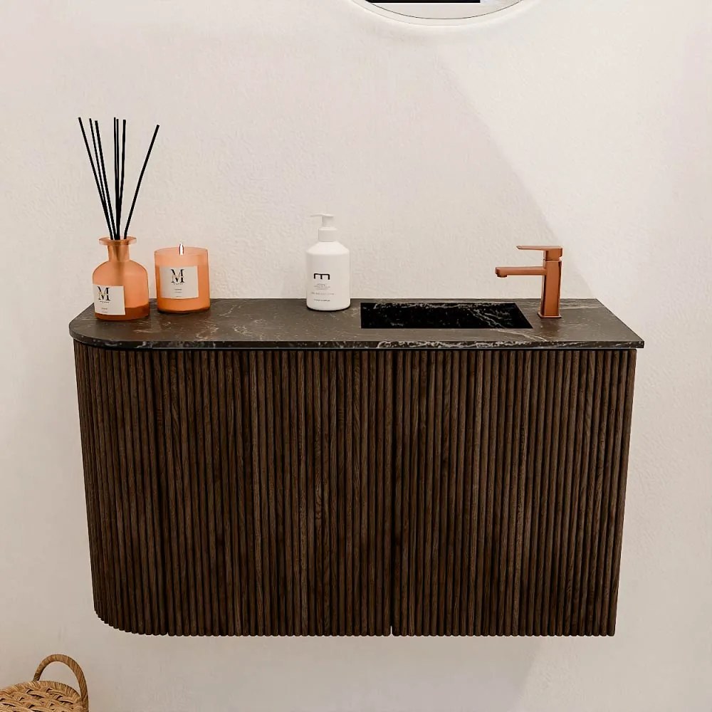 Mondiaz Joya DLux 70cm toiletmeubel ronding links walnut met wastafel faye rechts 1 kraangat lava