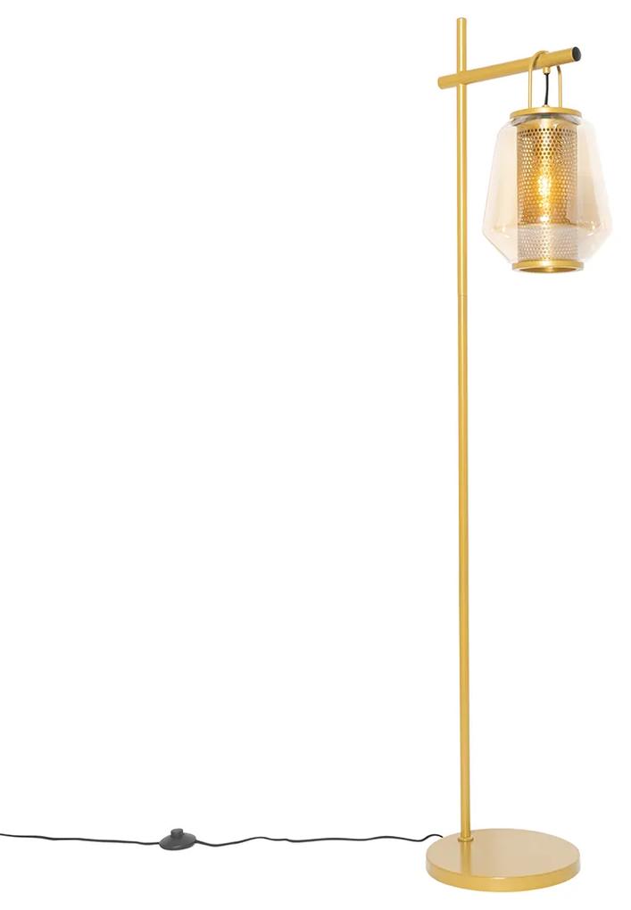Art Deco vloerlamp goud met amber glas - Kevin Art Deco E27 Binnenverlichting Lamp