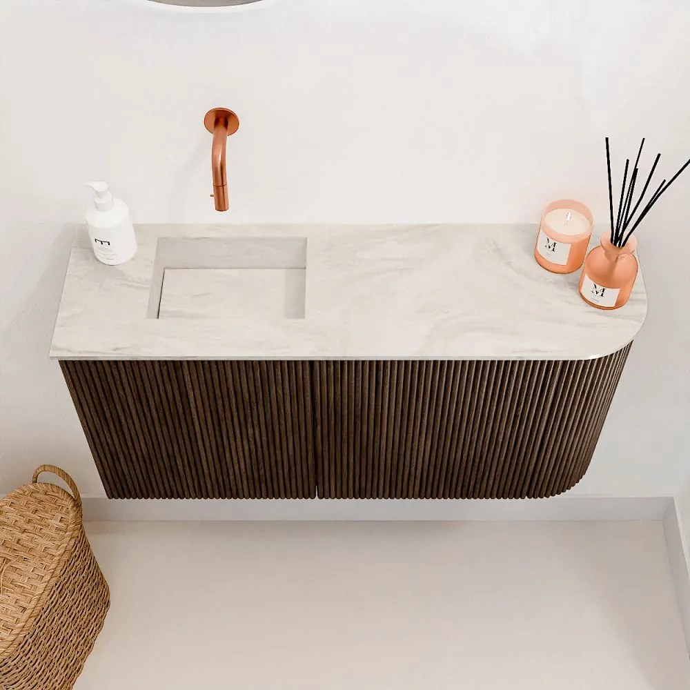 Mondiaz Joya DLux 80cm toiletmeubel ronding rechts walnut met wastafel faye links zonder kraangat ostra
