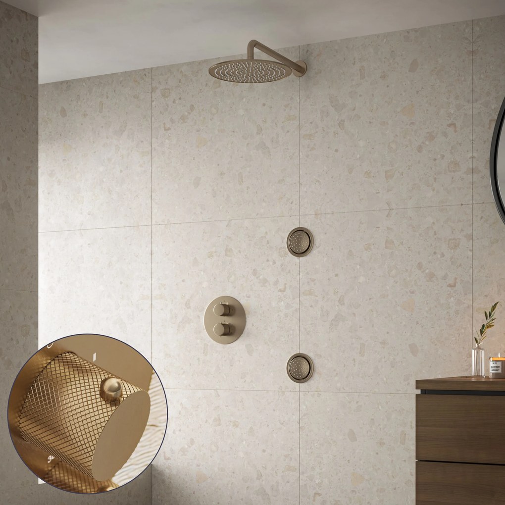 Saniclear Brass Curved inbouw regendouche 30cm met ronde massagejets en muurarm geborsteld messing - mat goud