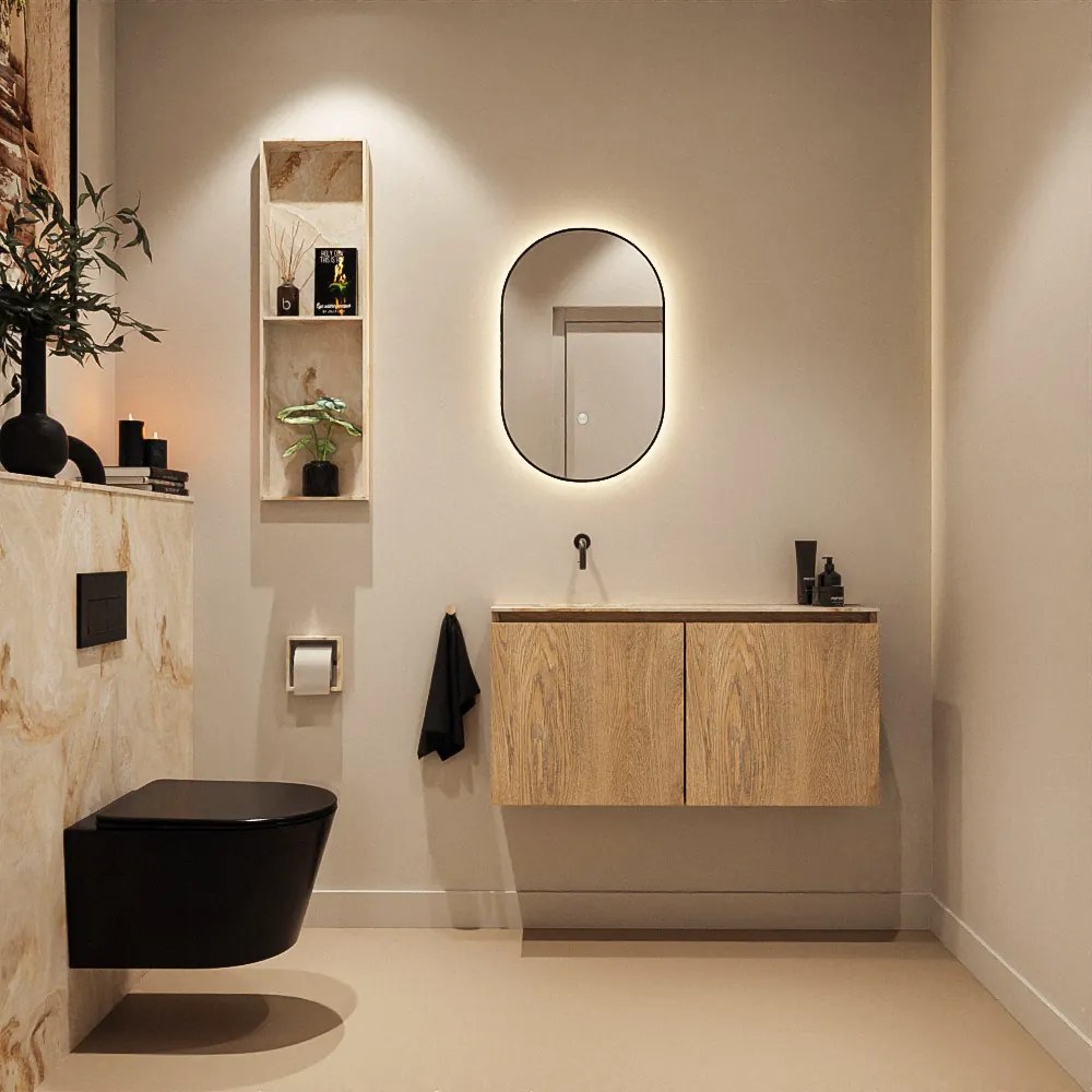 Mondiaz Ture DLux toiletmeubel 100cm washed oak met wastafel frappe links zonder kraangat