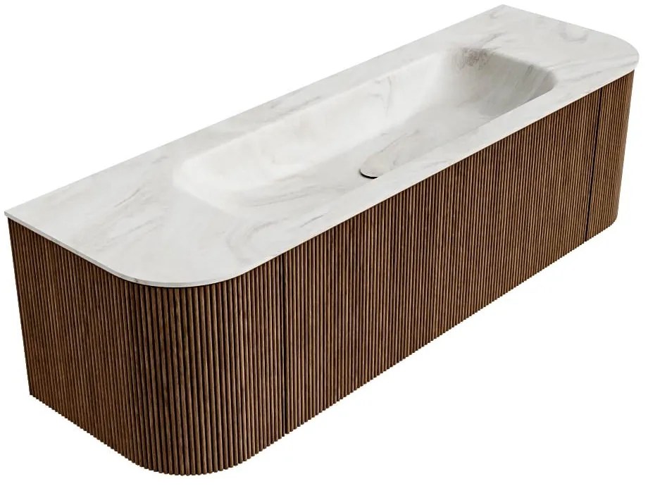 Mondiaz Kurve-dlux 150cm badmeubel ronding links/rechts walnut met 1 lade en 2 deuren en wastafel big medium midden zonder kraangat ostra
