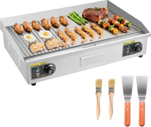 VEVOR Commerciële elektrische grillplaat 4400 W, tafelmodel grillplaat 725x400 mm grilloppervlak, 50–300 °C, elektrische grill, half geribbeld, half glad, met 2 spatels en 2 borstels, voor steaks en barbecue, zonder stekker.