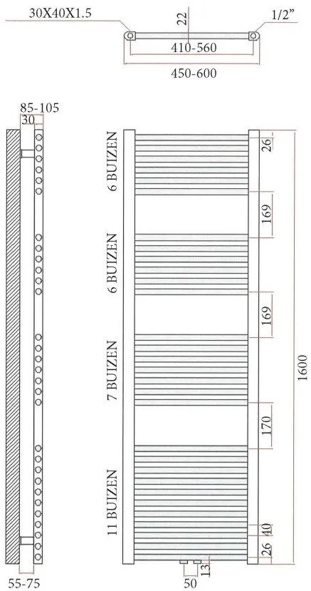 Sanicare design handdoekradiator 60x160cm midden aansluiting inox look