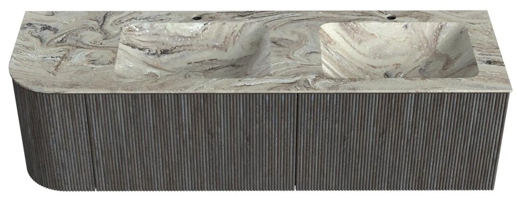 Mondiaz Kurve-dlux 155cm badmeubel ronding links shadow met 2 lades en 1 deur en wastafel leaf dubbel/rechts 2 kraangaten glace