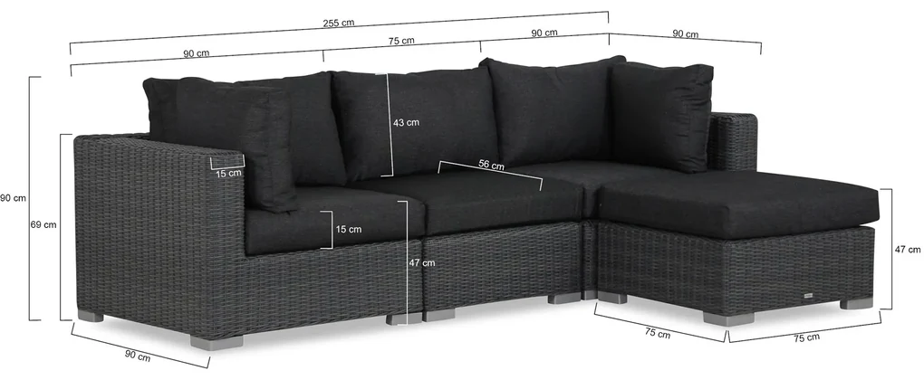 Chaise Loungeset Wicker Zwart 3 personen Garden Collections Toronto