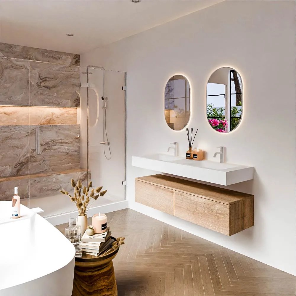 Zaro Alan badmeubel 140cm washed oak 2 lades met vrijhangende wastafel cloud dubbel 2 kraangaten talc