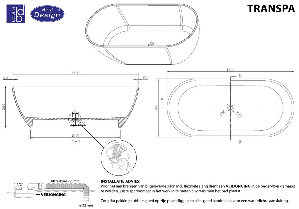 Best Design Transpa Blue vrijstaand bad 170x78x56cm