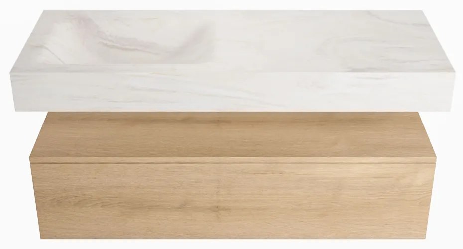 Mondiaz Alan DLux badmeubel 120cm washed oak 1 lade met wastafel ostra links zonder kraangat