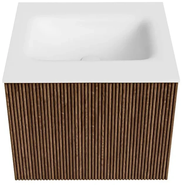 Mondiaz Kurve 50cm badmeubel walnut met 1 lade en wastafel grunne midden 1 kraangat