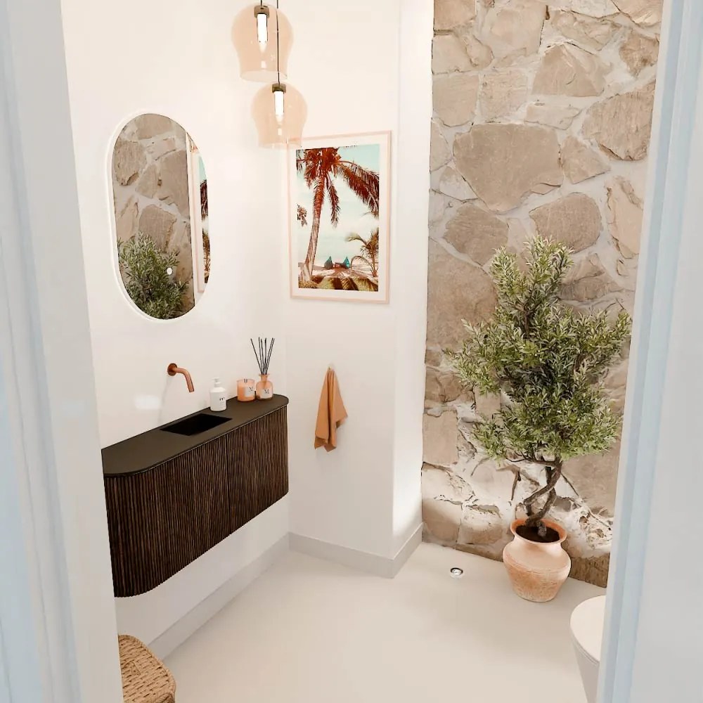 Mondiaz Joya 95cm toiletmeubel ronding links/rechts walnut met wastafel faye midden zonder kraangat urban