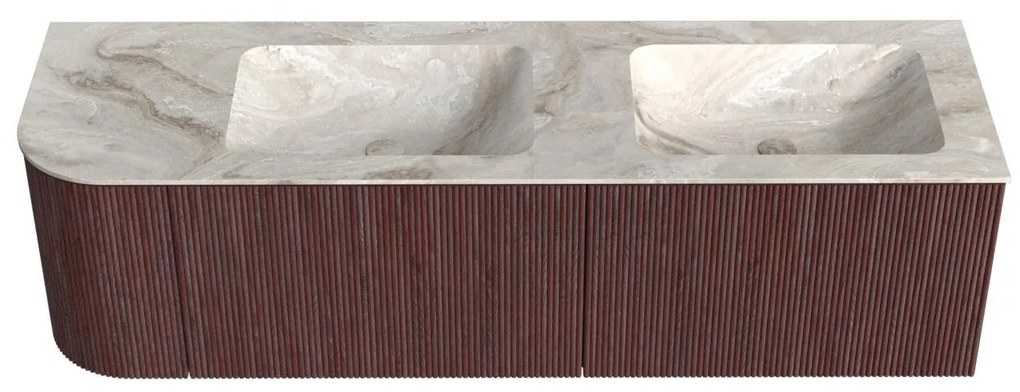 Mondiaz Kurve-dlux 155cm badmeubel ronding links ruby met 2 lades en 1 deur en wastafel leaf dubbel/rechts zonder kraangat frappe