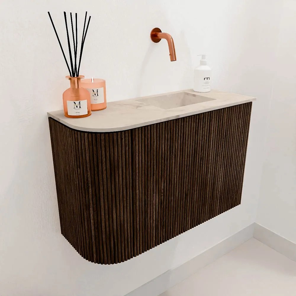 Mondiaz Joya DLux 60cm toiletmeubel ronding links walnut met wastafel faye rechts zonder kraangat frappe